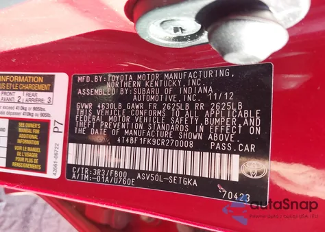 2012 Toyota Camry Xle z USA, uszkodzony, nr VIN 4T4BF1FK9CR270008